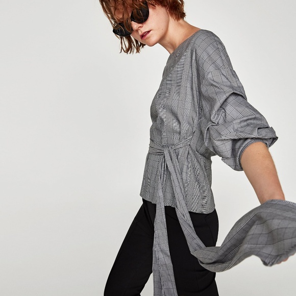 NWT Zara Size S Plaid Ruched Wrap Blouse - Picture 6 of 7